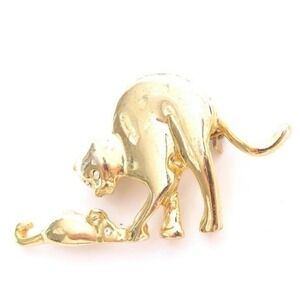 Gold Cat Playing With a Mouse Brooch